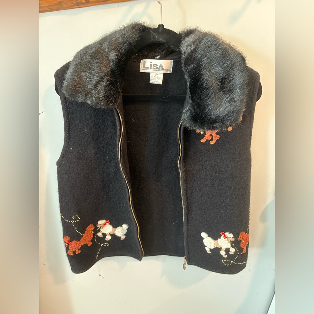 Lisa International Black Wool Vest With Poodle Design
